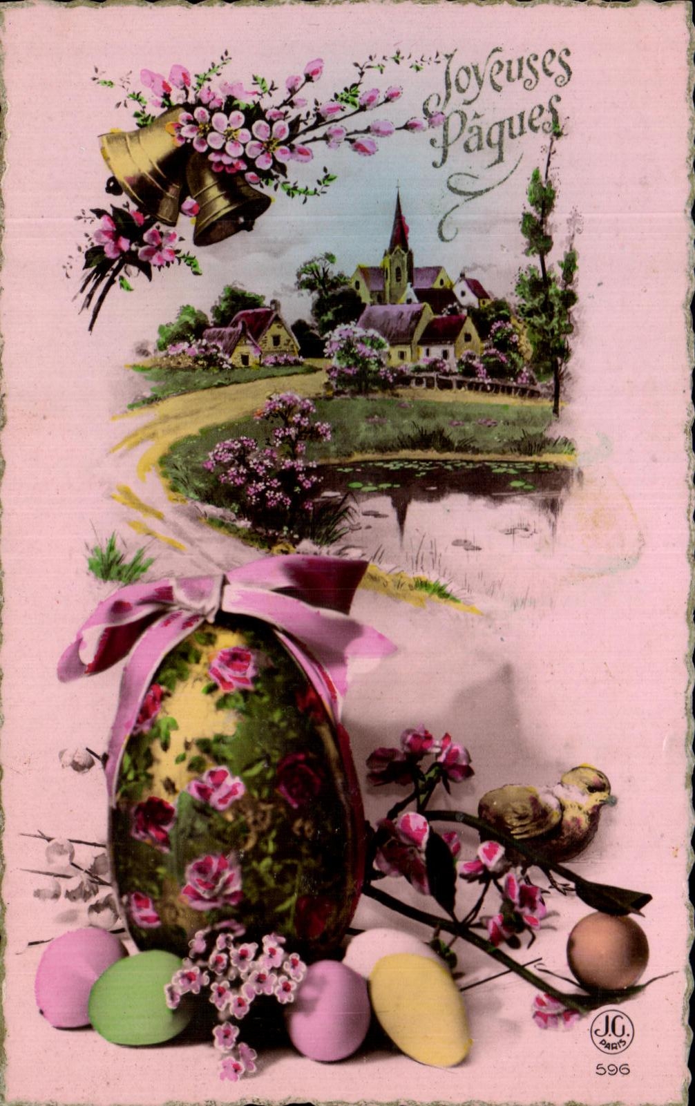 CPA Fantaisie Fleurs Paques oeufs 