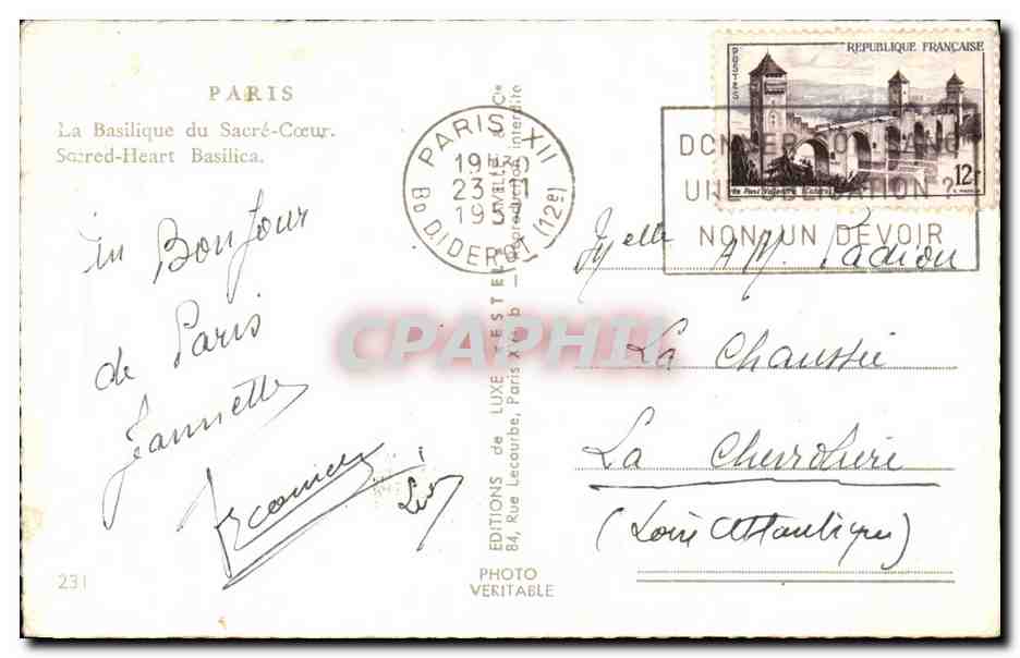Basilique du Sacré-Cœur — Paris — Éditeur Estel, n°231 — Rückseite