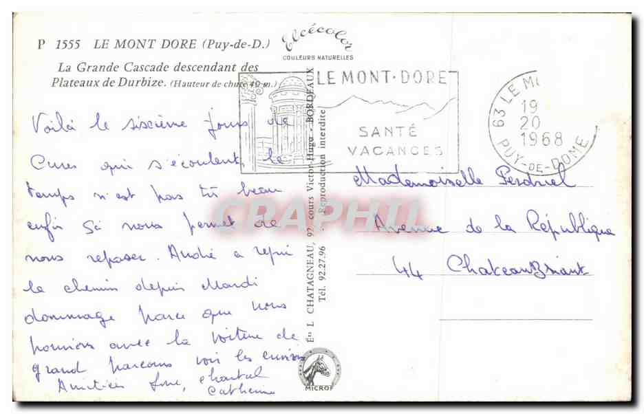 La Grande Cascade descendant des Plateaux de Durbize — Puy-de-Dôme — Éditeur Elcici, n° P 1555 — Verso