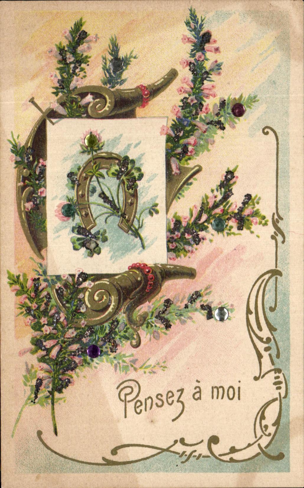 CPA Pensez A Moi Fantaisie Fleurs Fer a cheval