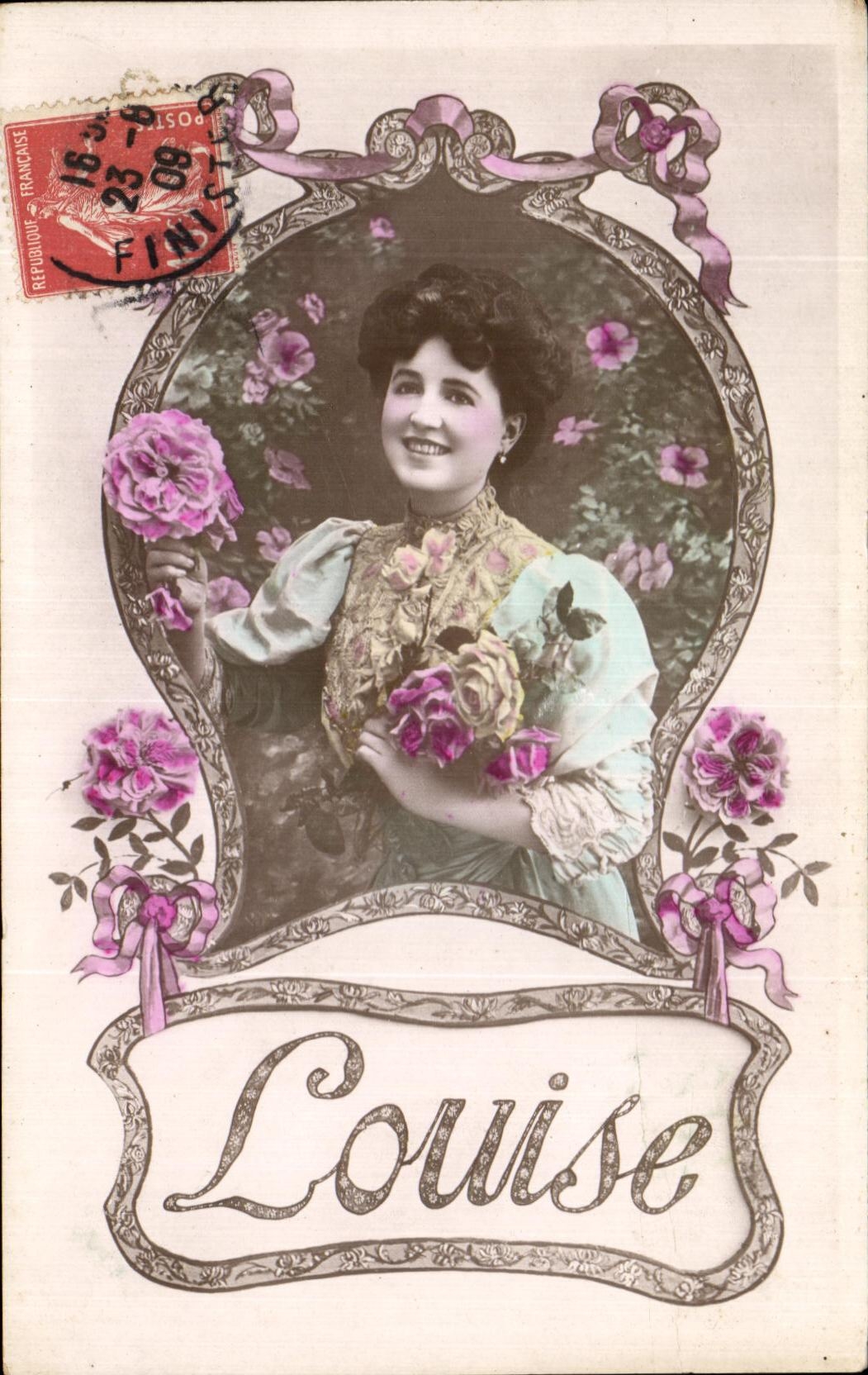 Louise — carte postale décorée de roses — Union Postale Universelle