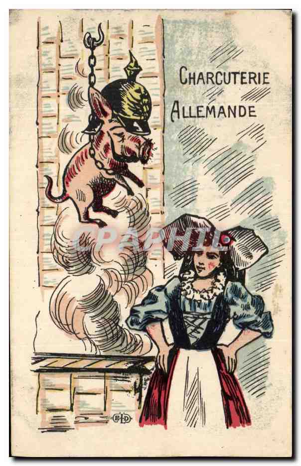 Charcuterie Allemande — illustration humoristique d'un cochon en uniforme et d'une femme — éditeur B.D. (B. Le Dany)