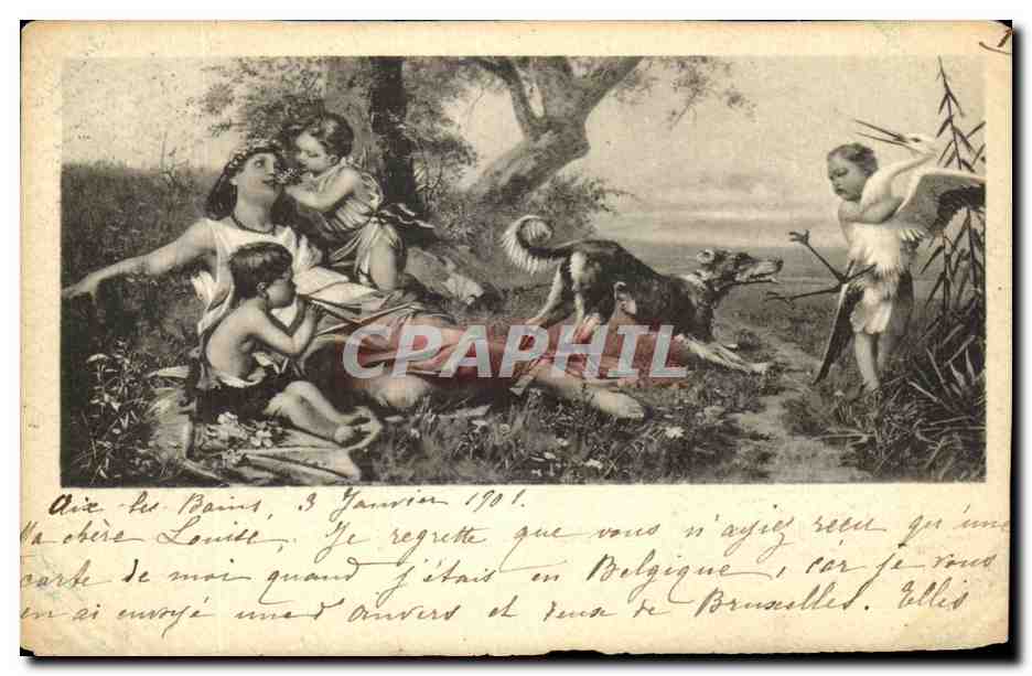 CPA Enfants Chien Cigogne 