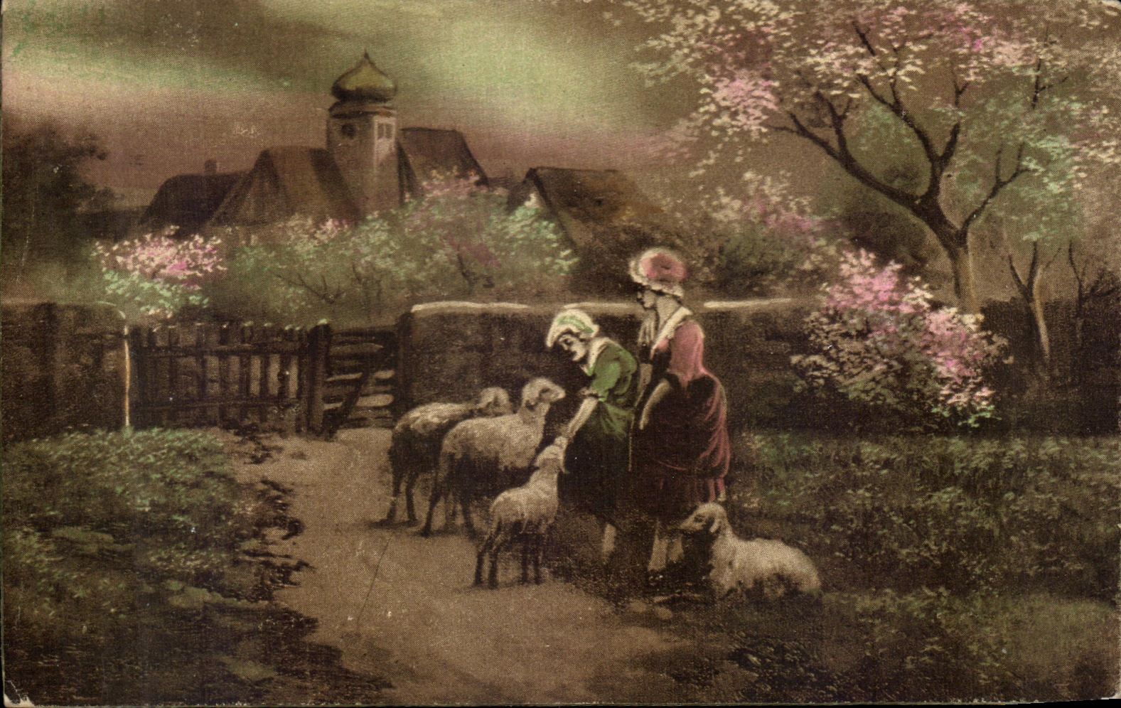 Deux femmes avec des moutons — paysage rural avec fleurs et église — Anaglie, série 0316 b.