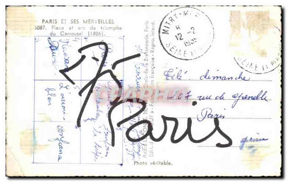 CPA Paris Et Ses Merveilles Arc de triomphe du Carrousel — Rückseite