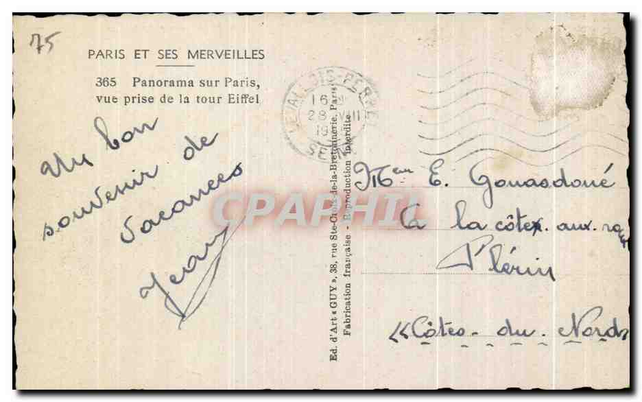 Paris et ses merveilles — Panorama sur Paris, vue prise de la tour Eiffel — Éd. d'Art GUY — Verso