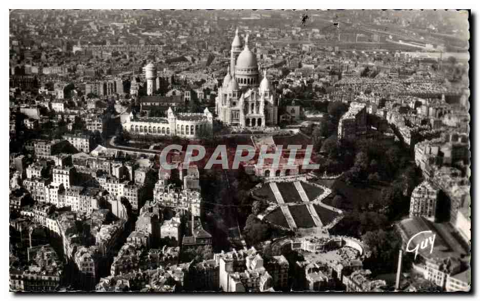 Tarjeta postal antigua Tarjeta postal antigua Avión sobre París La Colina de Montmartre con la basílica del Sagrado Corazón y su funicular
