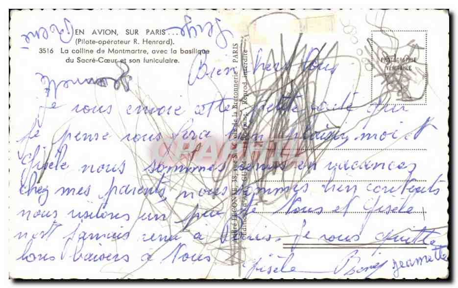 Tarjeta postal antigua Tarjeta postal antigua Avión sobre París La Colina de Montmartre con la basílica del Sagrado Corazón y su funicular — Reverso