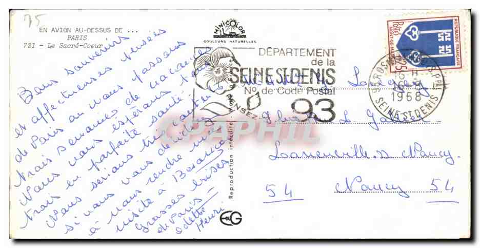 Tarjeta postal antigua En Avión Sobre París El Sagrado Corazón Montmartre — Reverso