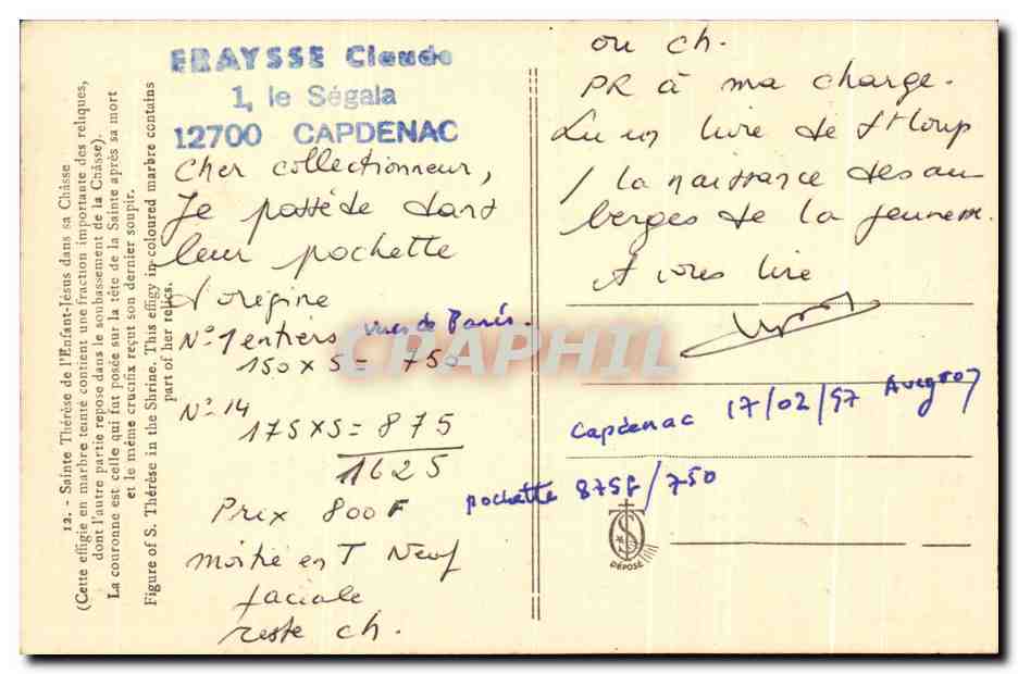 CPA Lisieux Sainte Therese de l'enfant Jesus dans sa chasse — Verso