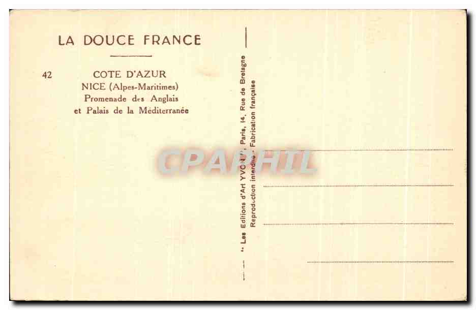 CPA La Douce France Cote D'Azur Nice Promenade Des Anglais Et Palais De La Mediterranee — Verso