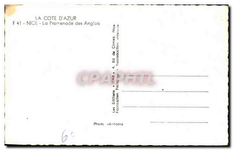 CPA La Cote D'Azur Nice La Promenade Des Anglais — Verso