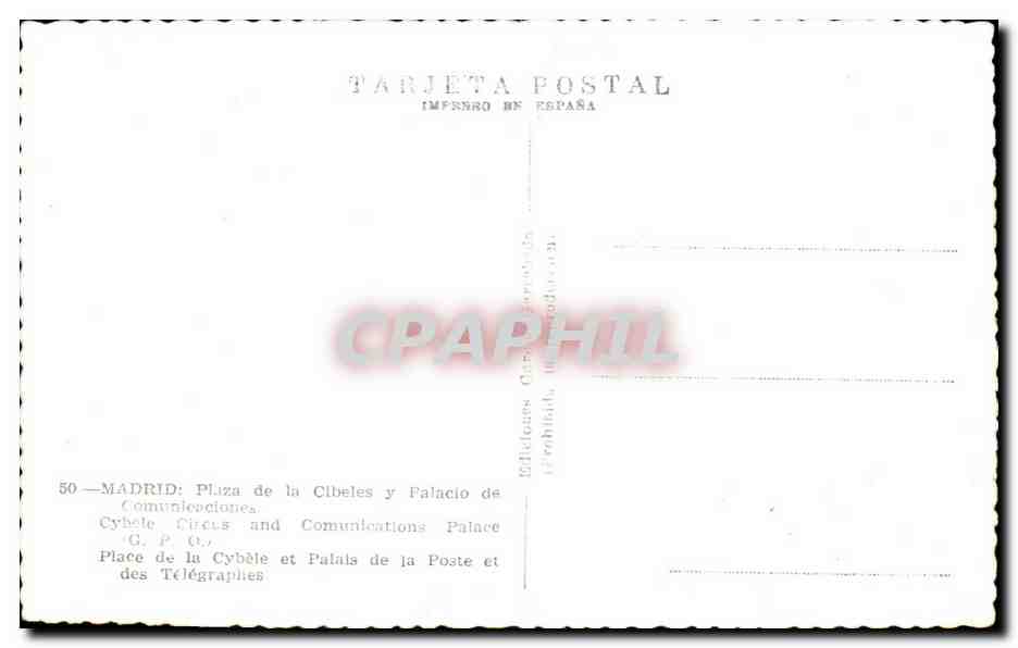 Madrid — Place de la Cybèle et Palais des Communications — Éditeur G.P. (C.) — Verso