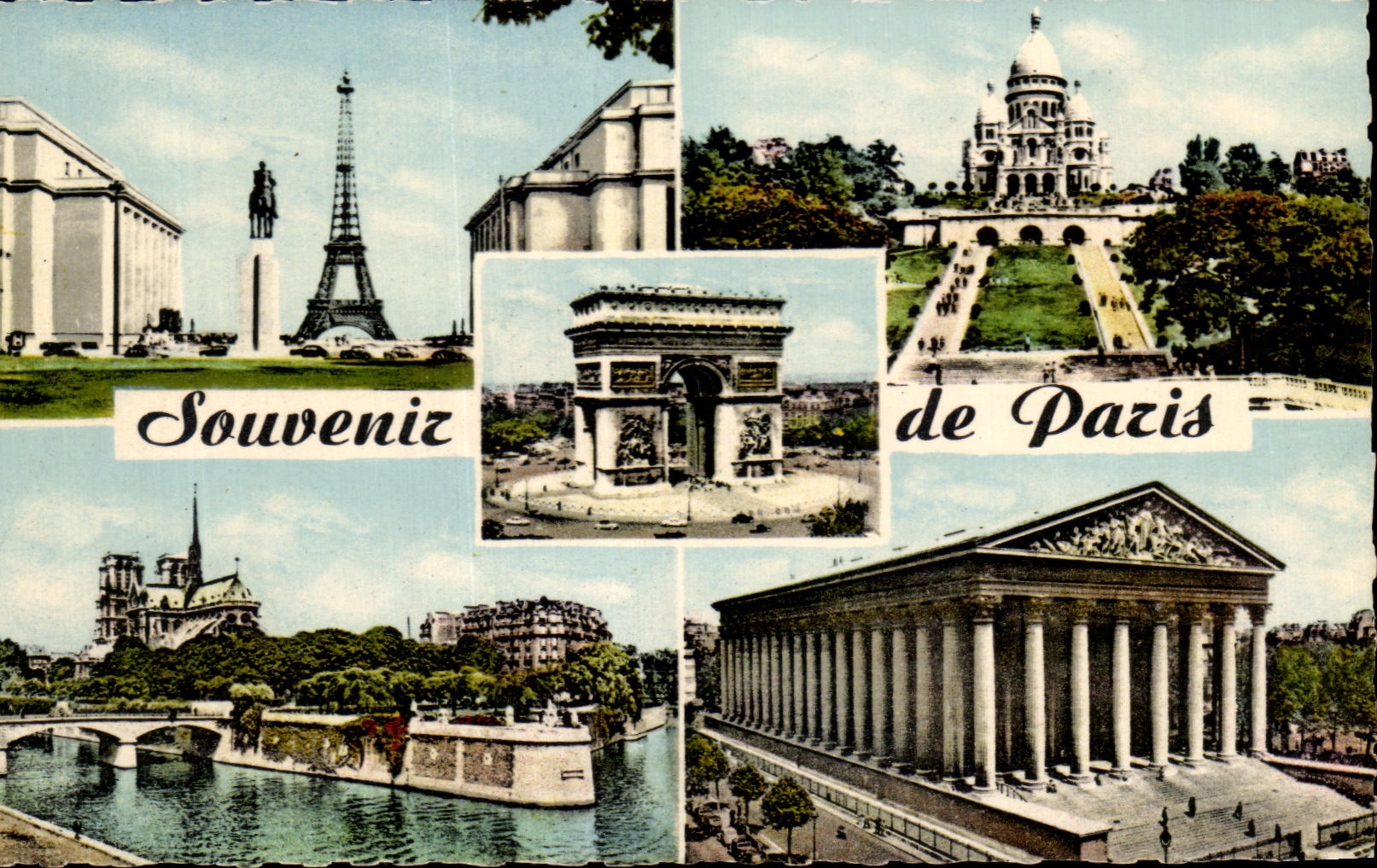 CPSM Souvenir De Paris Tour Eiffel Sacre Coeur Notre Dame Madeleine 