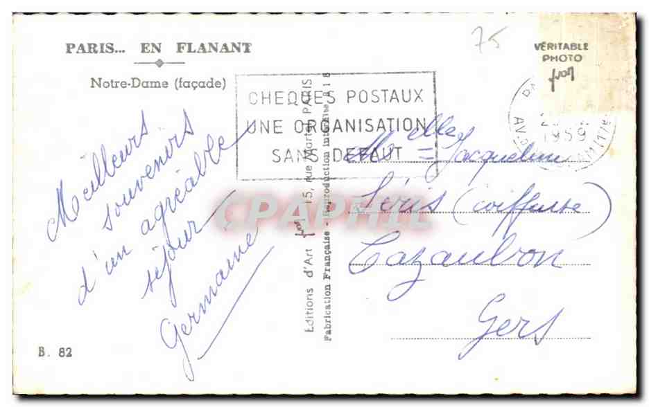 CPSM Paris En Flanant Notre Dame — Verso