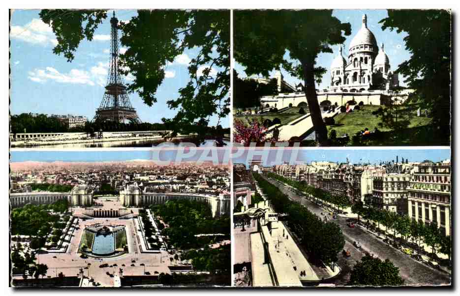CPSM Paris Tour Eiffel Sacre Coeur Chaillot Champs Elysees