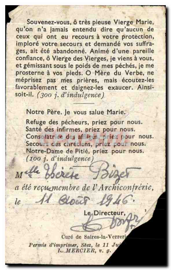 Image pieuse Notre Dame de pitie — Verso