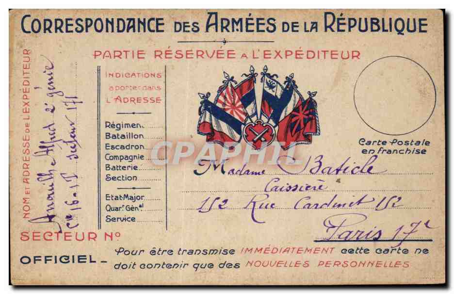 Carte en Franchise militaire Basticle Rue Cardinet paris 