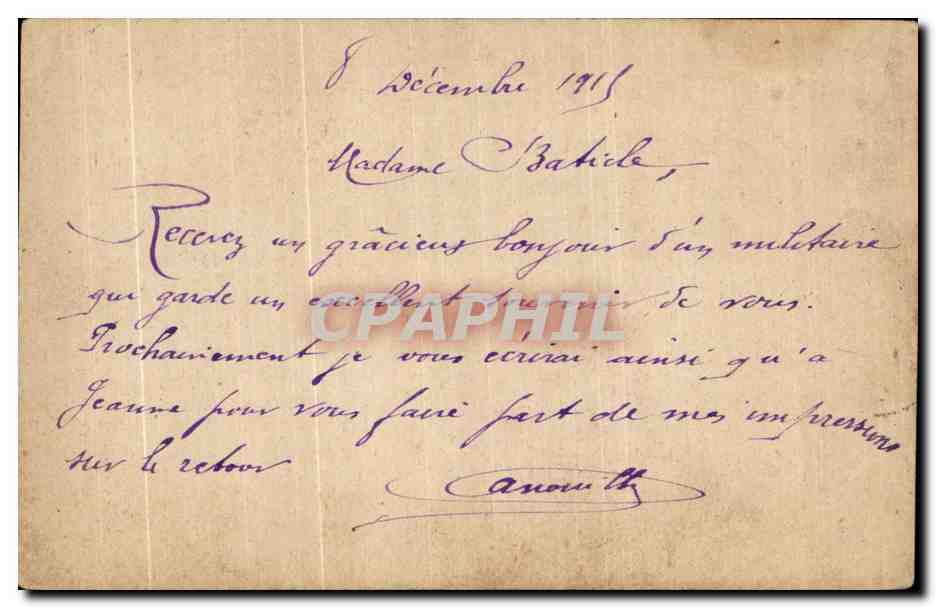 Carte en Franchise militaire Basticle Rue Cardinet paris  — Rückseite