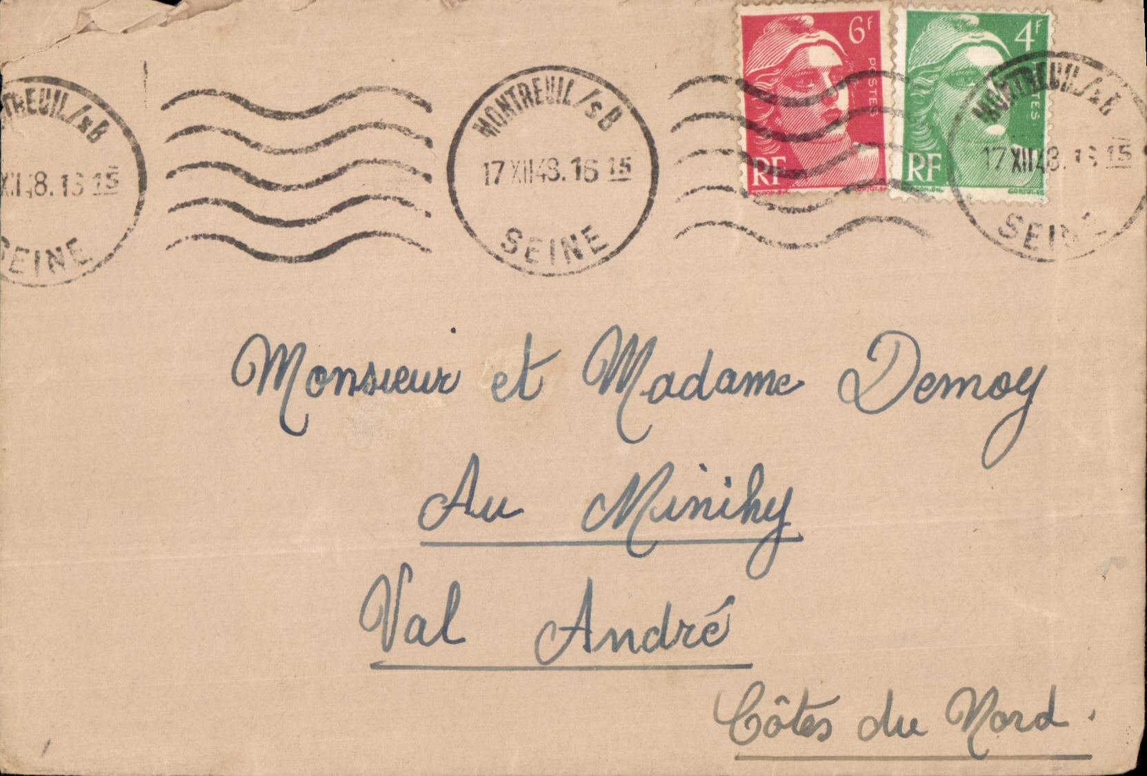 Lettre Marianne 4 f + 6 f Demoy Montreuil pour Val Andre 1948