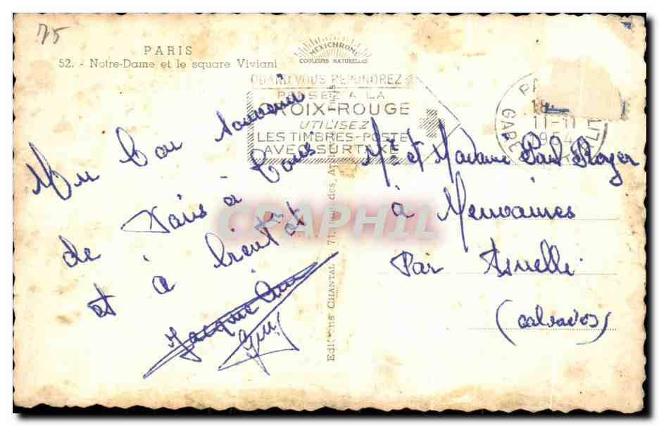 CPA Paris Notre Dame et le square Viviani — Verso