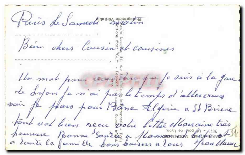 CPA Paris Gare de Lyon  — Verso