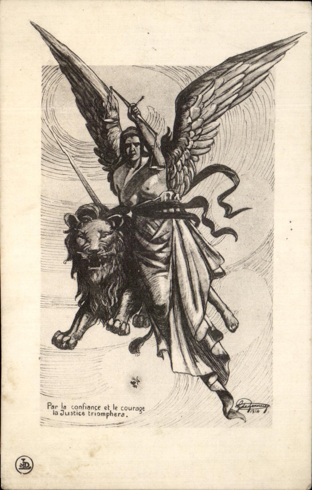 Justice triomphante — ange ailé sur lion — gravure de Paul Dancourt, 1914