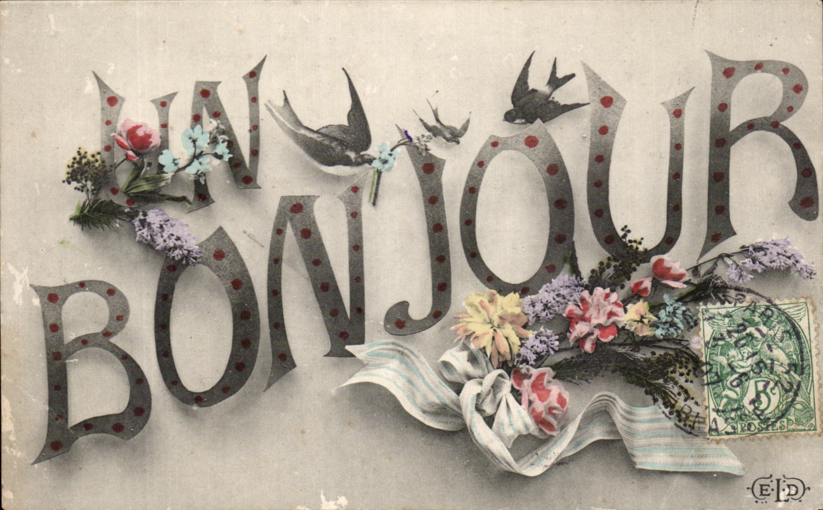 CPA Un Bonjour Fleurs Hirondelle 