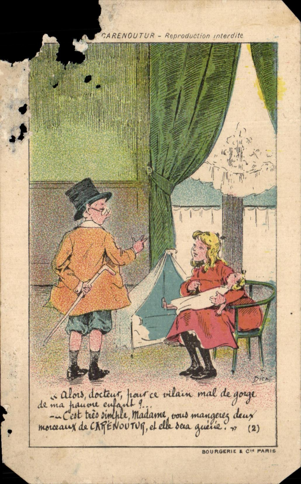 Docteur et patiente — caricature humoristique — Bourgerie & Cie, Paris