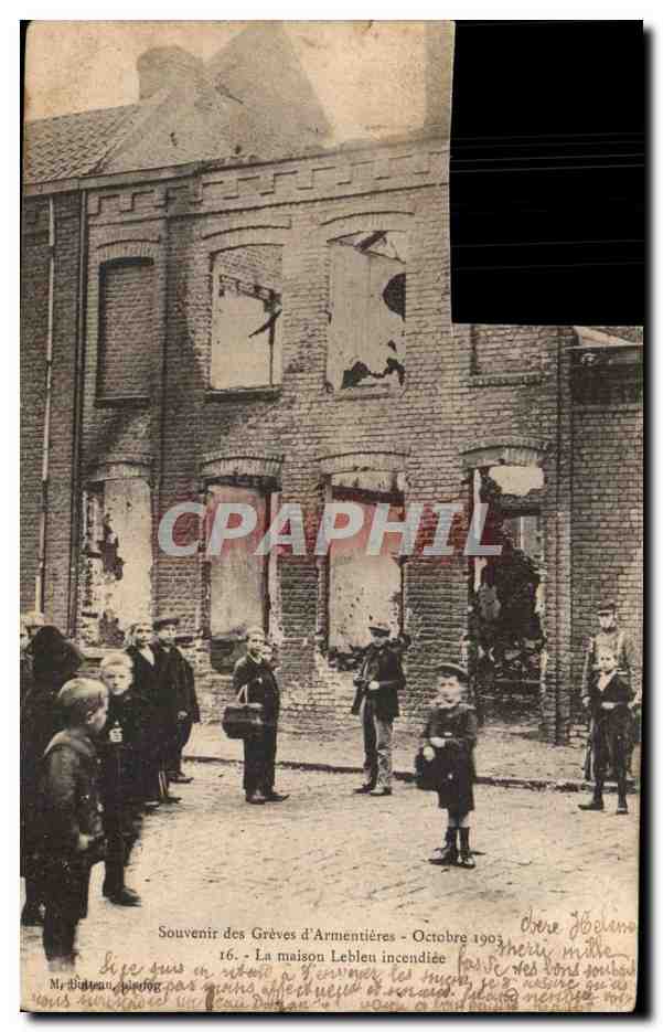 CPA Souvenir des Greves d'Armentieres La Maison lebleu incendiee