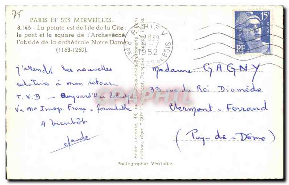 CPA Paris Et Ses Merveilles La pointe est de l'ile de la Cite le pont et le square de l'Archeveche — Verso