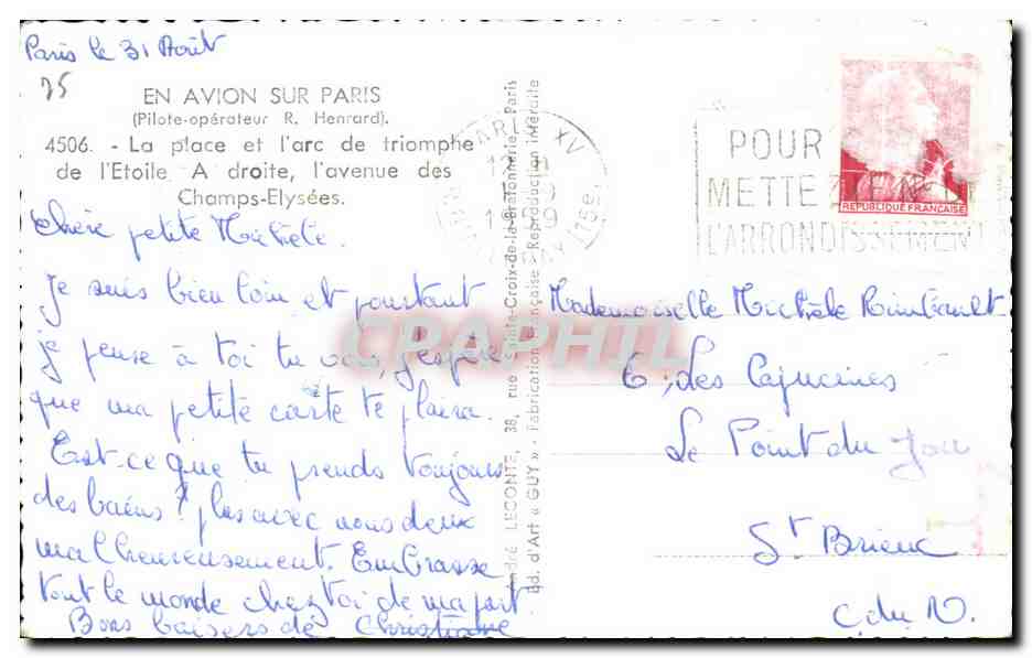 CPA Avion Sur Paris La place et l'arc de triomphe de l'Etoile A droite l'avenue des Champs Elysees — Rückseite