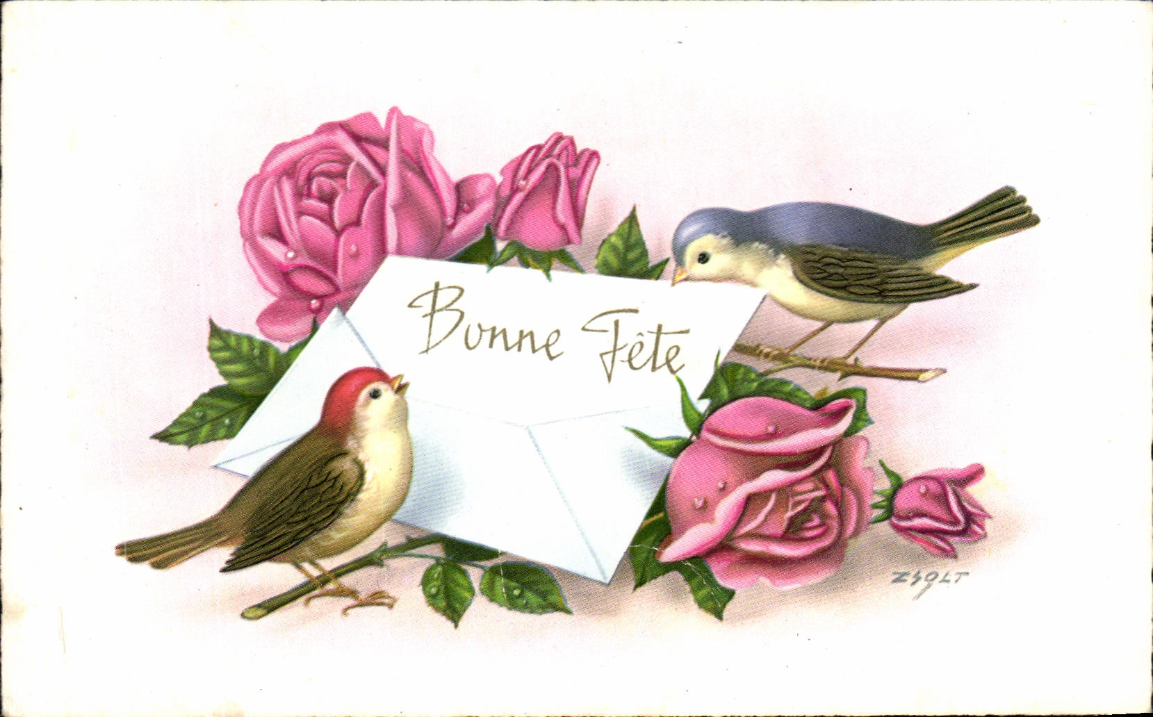 CPA Fantaisie Fleurs Hirondelles oiseaux