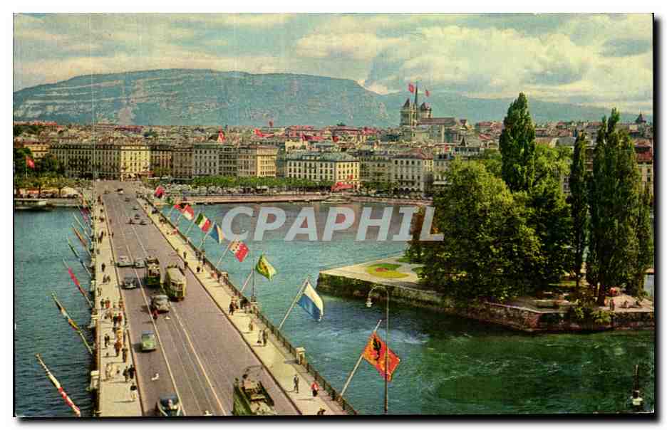 CPSM Geneve L'iie JJ Rousseau Et le Pont Du Mont Blanc
