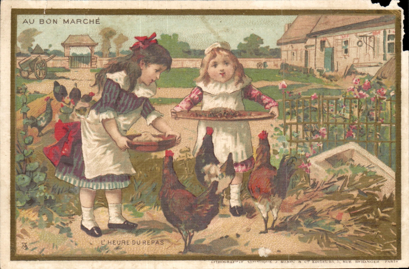 Chromo enfants Au Bon Marche L'heure du repas Poules 