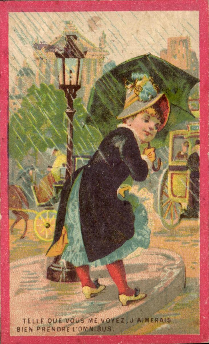 Frau unter Regenschirm in der Regen — städtische Szene — Verlag G. Ponvert