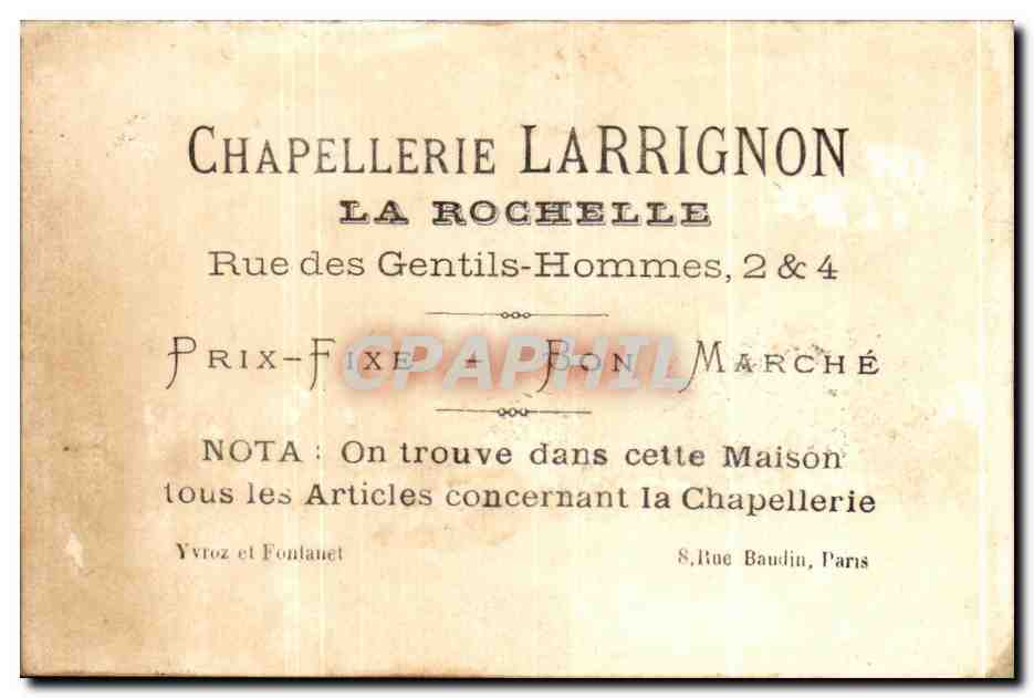 Chapellerie Larrignon — Publicité pour chapellerie à La Rochelle — éditeur Martin Pécheur — Rückseite