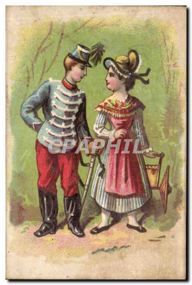 Jeune homme en uniforme et jeune femme en robe — scène de jardin — éditeur non visible