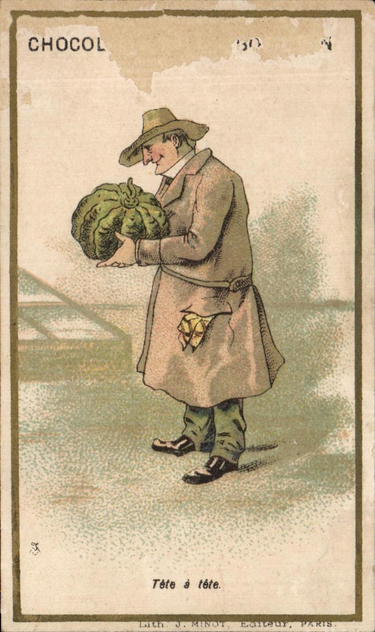 Homme tenant un chou — série 'Tête à tête' — Lith. J. Minot, Éditeur, Paris