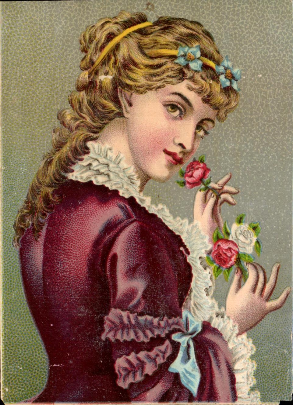 Jeune femme en robe rouge — fleurs et bandeau — Paul Maireresse, Cambrai