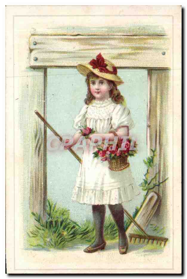 Fille jardinant — avec panier de fleurs et râteau — éditeur D.&M Dr., Paris