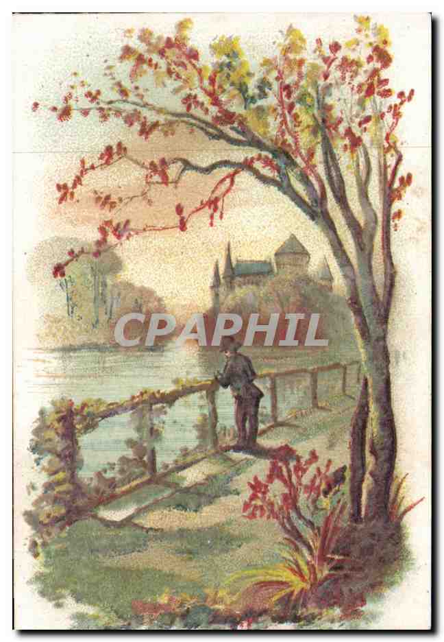 Vue d'un château au bord d'un lac — automne — Fabrique de biscuit Rouchier-Razel, Angouleme