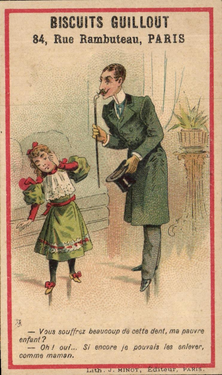 Biscuits Guillout — Publicité humoristique avec dialogue entre un homme et une petite fille — Lith. J. Minot, Éditeur, Paris