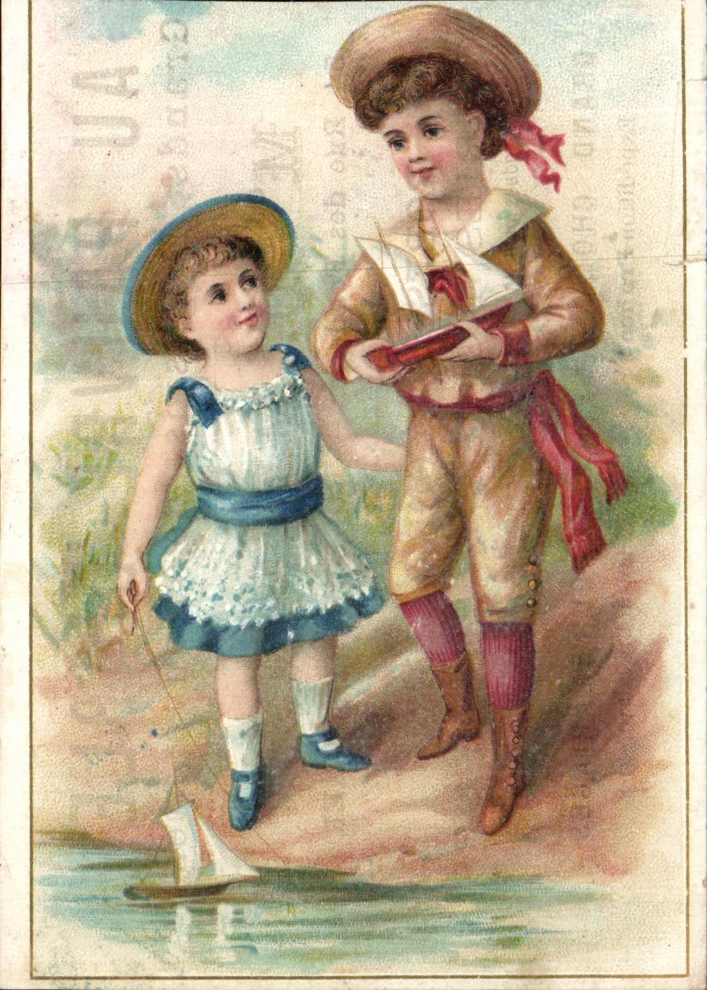 Enfants jouant avec un bateau à voile — éditeur inconnu, n° de série non visible