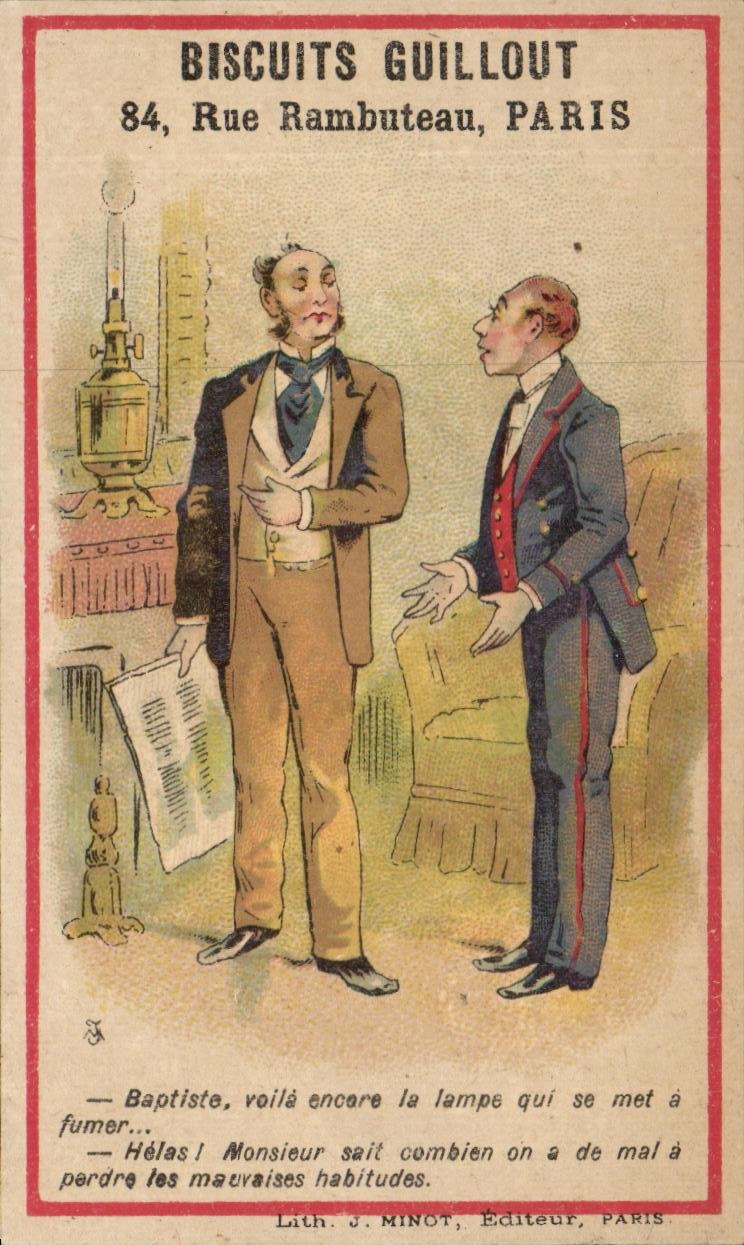 Zwei Männer im Gespräch — Biscuits Guillout — Lith. J. Minot, Paris