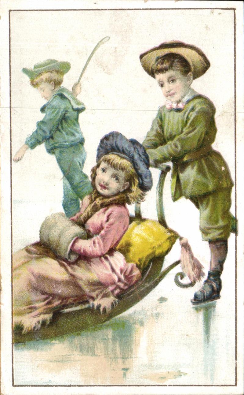 Enfants jouant avec une luge — éditeur Ricordeau-Cassegrain, Loudun