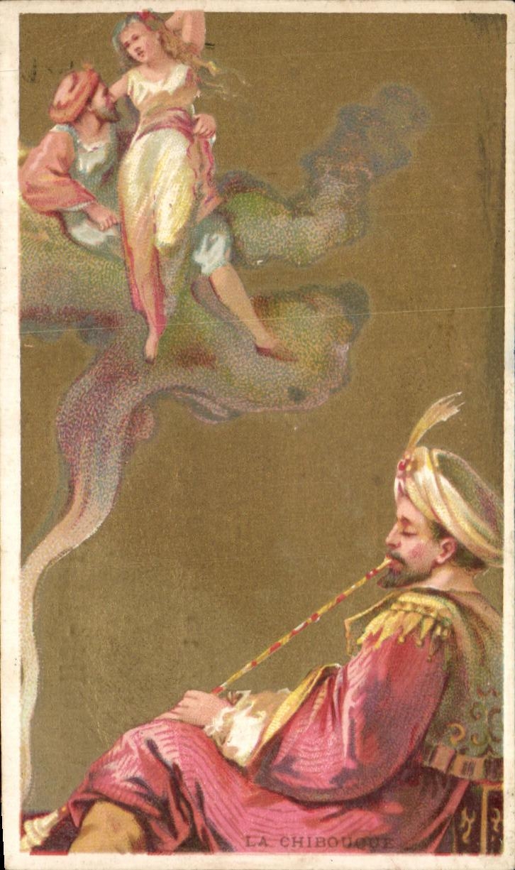 La Chibouque — scène orientale avec homme fumant et femme en nuage — éditeur P.P. Paris