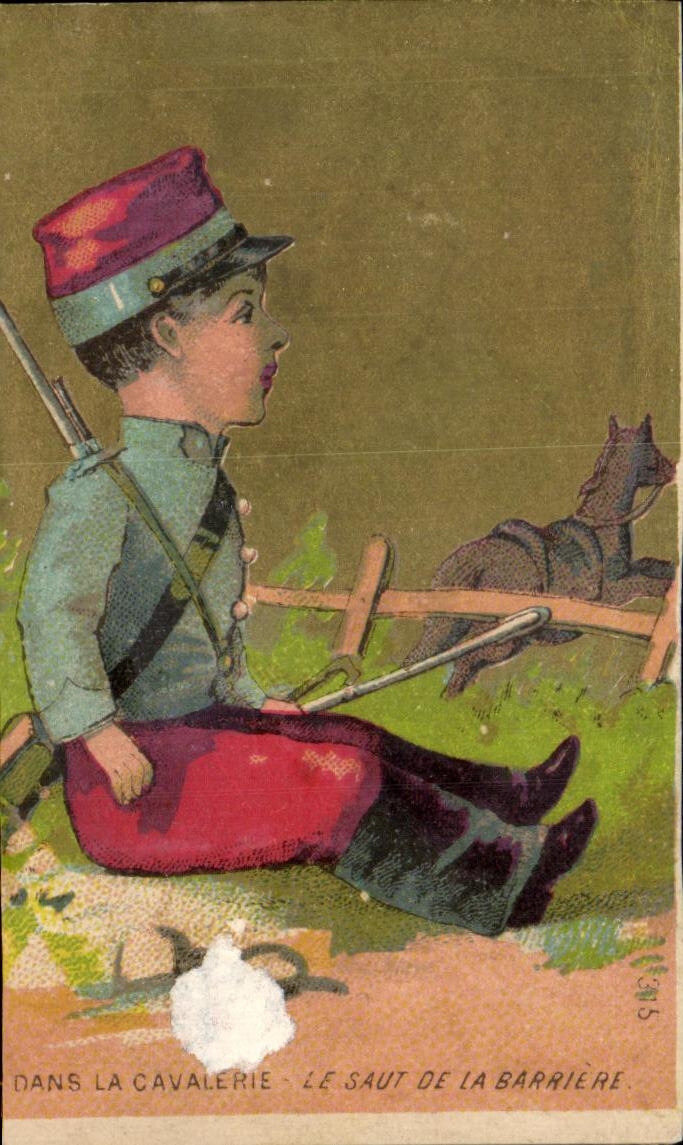 Chromo dans la cavalerie Le saut de la barrie Cheval militaria