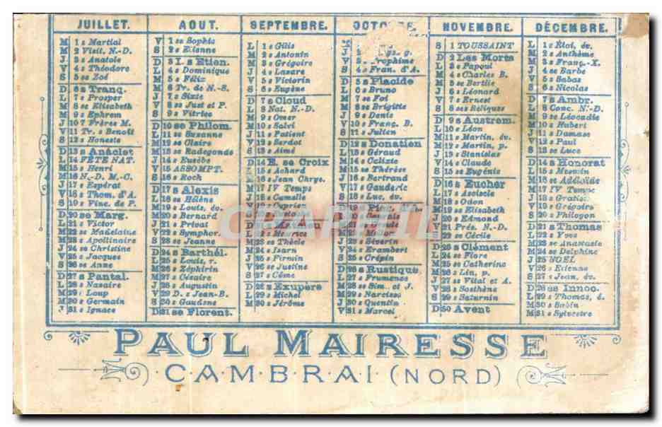 Chromo Calendrier 1890 Paul Mairesse Enfant Cambrai  — Rückseite