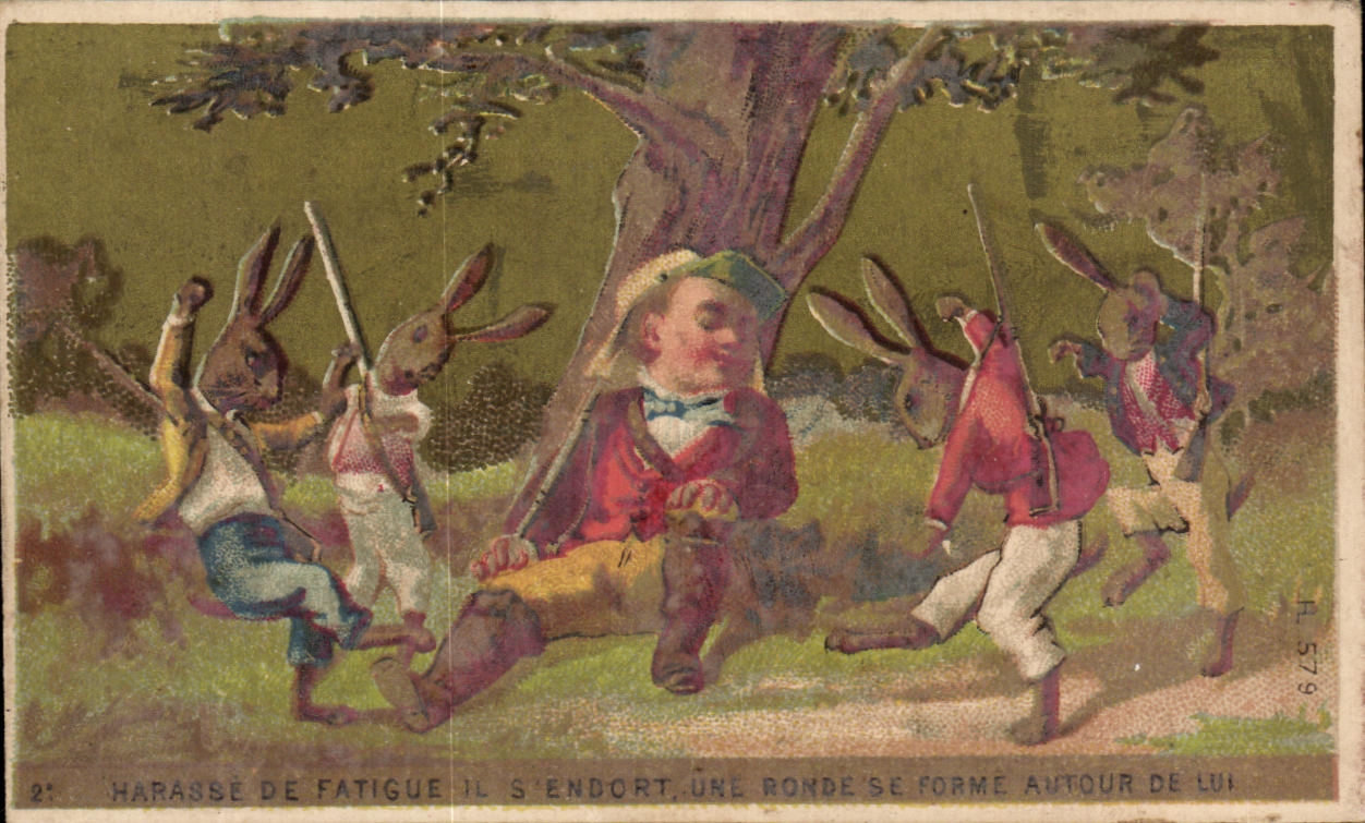 Chromo Pontvert Rue du Palais la Rochelle Chasseur Chasse Lapins Fusils 